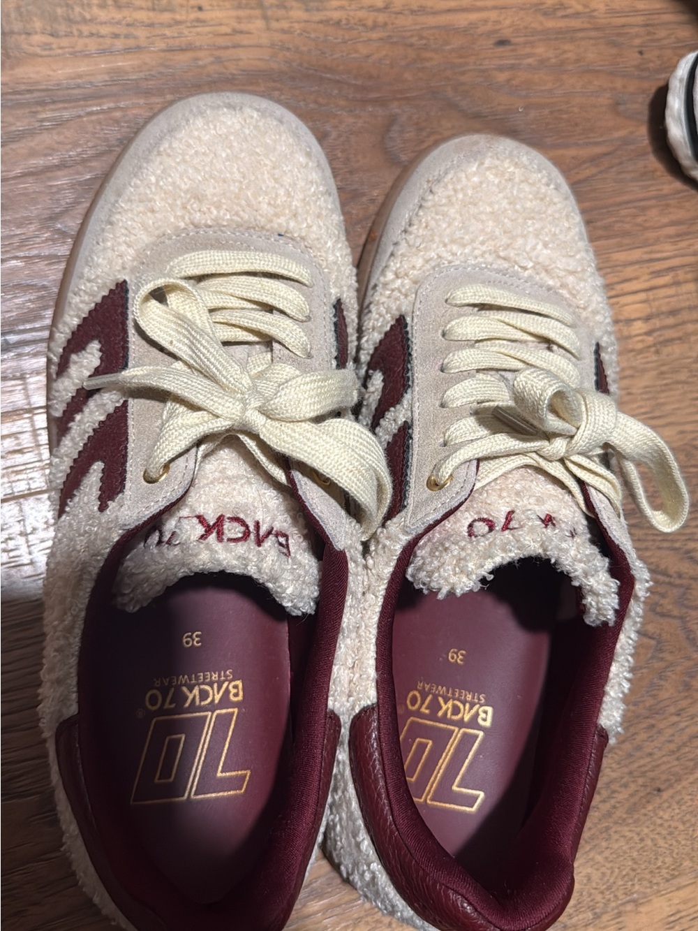 Cream and Burgundy Women's Sherpa Lace-Up Sneakers